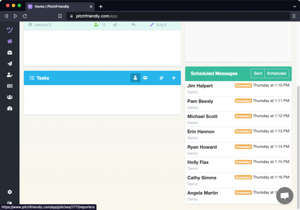 Scheduled Messages card on the PitchFriendly home page