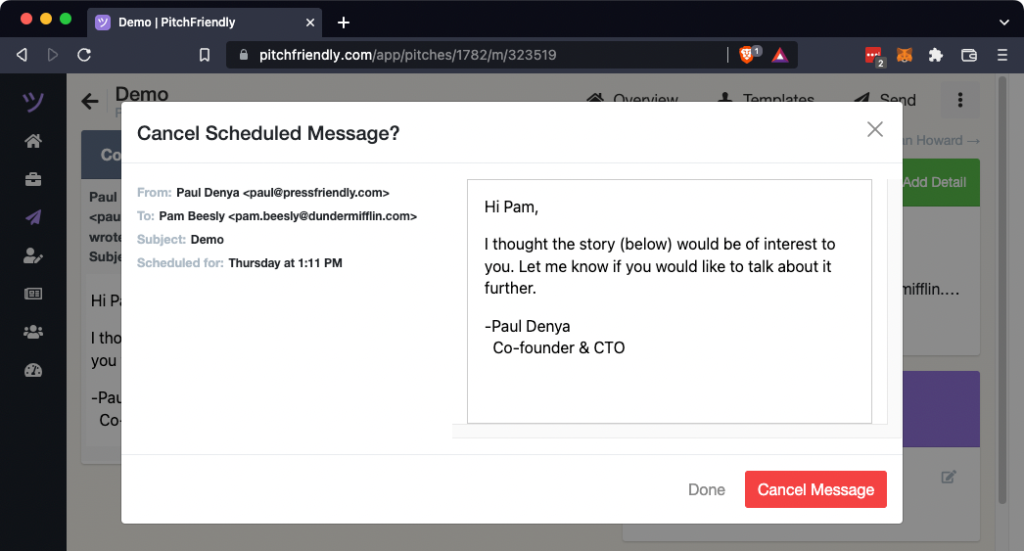 Confirmation control for canceling a scheduled pitch email